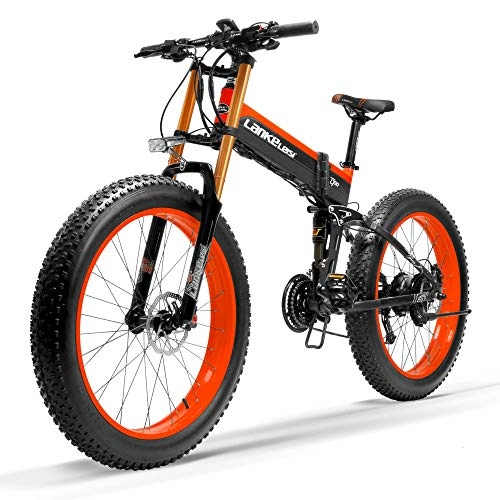 Electric Bike : XHCP bicycle Mountain bike 27 Speed 1000W Folding Electric Bike 26 * 4.0 Fat Bike 5 PAS Hydraulic Disc Brake 48V 10Ah Removable Lithium Battery Charging, (Black Red Upgraded, 1000W)