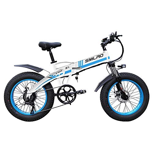 Electric Bike : Xiaotian Fat Tire Electric Mountain Bike, 20Inch Folding Hard Tail 7 Speeds Beach Cruiser Sports Hydraulic Disc Brakes Snow Bicycle with 48V 10AH Removable Lithium Battery for Adults, White / Blue, 1000W