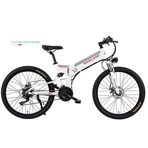 Electric Bike : Xiaotian Foldable Electric Mountain Bike, Bicycle with Lithium Battery, Off-Road Bicycle, 26 Inch 21 Speed, White Spoke Two Wheel, White