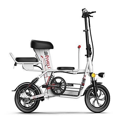 Electric Bike : Xiaotian Folding Electric Bike, 12Inch City Commuter Lightweight 350W Compact Mountain Bicycle with 48V Removable Charging Lithium Battery with Child Seat for Unisex Youth Adults, White, 48V / 15AH / 45km