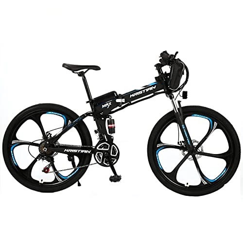 Electric Bike : XINSENDA Electric Bike Electric Mountain Bike for Adults Unisex, 26 Inch Folding E-Bike with Super Magnesium Alloy Integrated Wheel 36V 10AH Removable Lithium Battery, Blue, 6 knifes