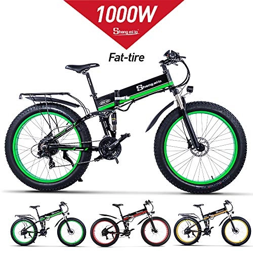 Electric Bike : XXCY 1000W Electric Bike Mens Mountain Ebike 21 Speeds 26 inch Fat Tire Road Bicycle Beach / Snow Bike with Hydraulic Disc Brakes and Suspension Fork (01green)