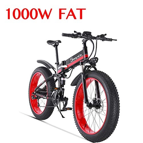 Electric Bike : XXCY 1000W Electric Bike Mens Mountain Ebike 21 Speeds 26 inch Fat Tire Road Bicycle Beach / Snow Bike with Hydraulic Disc Brakes and Suspension Fork (01red)