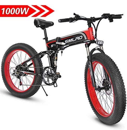 Electric Bike : XXCY Foldable Bicycle, Electric Bike, 26 Inch Fat Tire, 48v 1000w Motor, Mobile Lithium Battery Shimano 7 Speed (red)