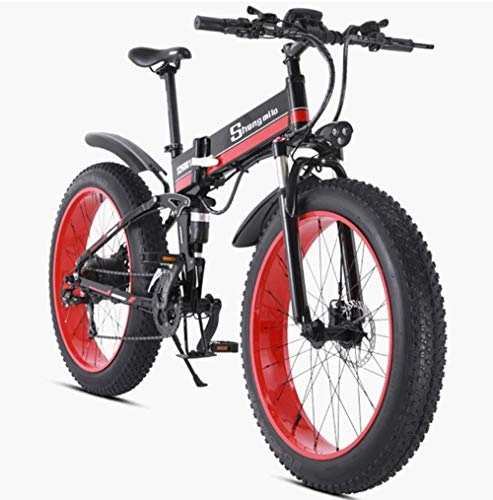 Electric Bike : XXZQQ Electric Bike Folding Mountain Bike, 7-Speed Electric Bicycle 48V 1000W Adult Aluminum Double Shock Absorber with 26 Inch Tire Disc Brake And Full Suspension Fork, Red