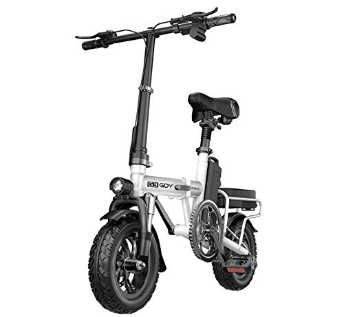 Electric Bike : XXZQQ Folding Bicycle, Light Aluminum Alloy with Pedal Booster And 48V Detachable Lithium-Ion Battery Adult Electric Bicycle with 12-Inch Wheels And 400W Hub Motor, White, 40to80KM