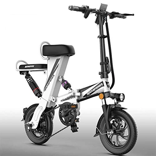 Electric Bike : XXZQQ Folding Electric Bicycle, Aluminum Alloy Electric Bicycle Adult Lightweight Folding Portable 12 Inch Wheel 48V Lithium Ion Battery Powerful Brushless Motor Double Disc Brake, White, 30to60KM