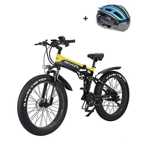 Electric Bike : YAUUYA Fat Tire Electric Bike 26 Inches With A Helmet, 500W Full Size Mountain E-bike Folding Beach Snow Bike For Men Women, 12.8Ah Li-Battery 21 Speed, Up To 130km Endurance 120KG Load