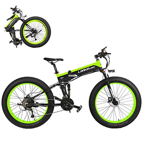 Electric Bike : Yd&h Foldable Electric Mountain Bike, 26 Inch Fat Tire Beach Snow Electric Bicycle with Removable 48V 12.8Ah Lithium Battery, Motor 400W, 27 Speed Gear And Three Working Modes, Green