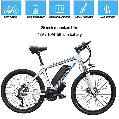Electric Bike : YDBET Electric Bicycle for Adults, Electric MTB, 26 Inch Aluminum Alloy Removable 350W Ebike Bikes, 27-Speed 48V / 10Ah Lithium-ION for Outdoor Cycling Travel, White Blue