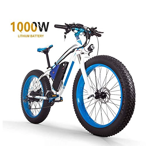 Electric Bike : YDWLLF 48v16ah1000w Electric Mountain Bike 26'' Fat Tire E-Bike 21 Speeds Beach Cruiser Mens Sports Mountain Bike Full Suspension Large Capacity Lithium Battery Hydraulic Disc Brakes, White, blue