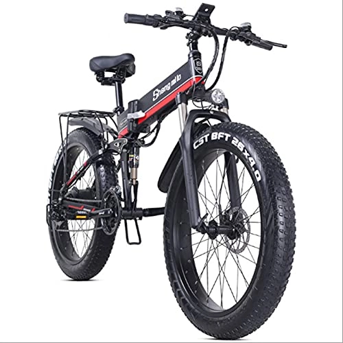 Electric Bike : YGRQQR Folding Electric Bike For Adults, 21 Speed Electric Mountain Bicycle, with Removable 48V 12.8Ah Battery, Double Shock Absorption 1000w (Cor : Red)