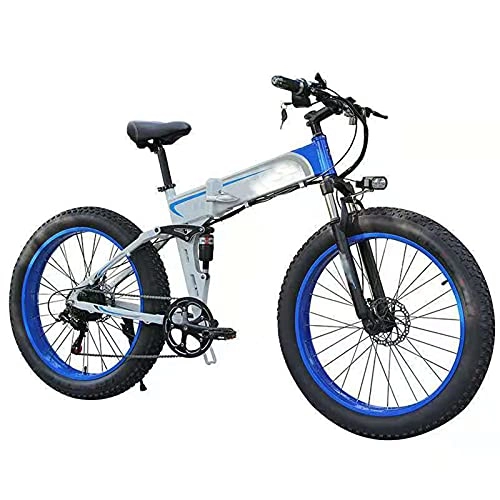 Electric Bike : YIZHIYA Electric Bike, 26" Folding Mountain Electric Bicycle for Adults, 7 Speed Fat Tire E-bike, 48V 10Ah 350W Motor, Front and Rear Disc Brakes, All terrain 3 Working Modes Electric Bike, White blue