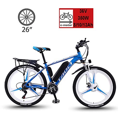 Electric Bike : YMhome 26" Electric City Ebike Bicycle Mountain Bike 21 Speed Men's Bike Double Disc Brake Carbon Steel Full Suspension Bicycle, Removable Lithium Battery, Blue, 13AH