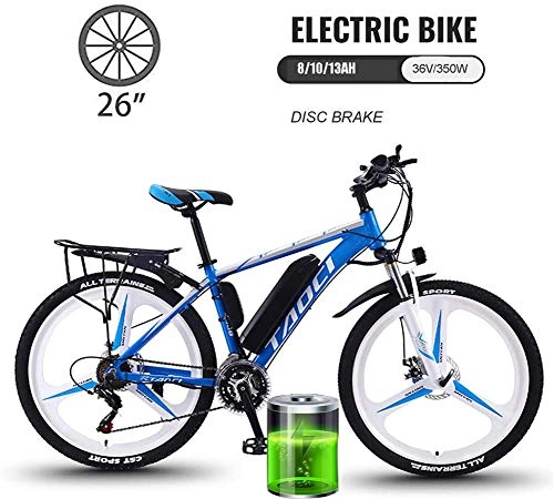 Electric Bike : YMhome 26" Electric City Ebike Bicycle Mountain Bike 21 Speed Men's Bike Double Disc Brake Carbon Steel Full Suspension Bicycle, Removable Lithium Battery, Blue, 8AH