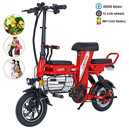 Electric Bike : YMWD 350W Electric Bike Folding Electric Bike for Adults Aluminum Electric Scooter Step-Through 12'' Fat Tire Electric Bicycle with Removable 48V Lithium Battery Hidden Battery Design, Red, 15 AH