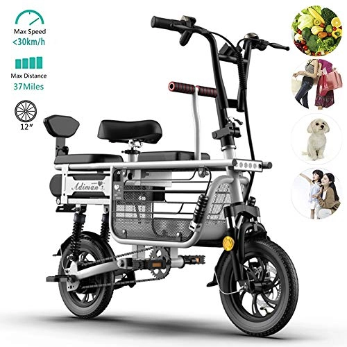 Electric Bike : YMWD 350W Electric Bike for Adults 12" Fat Tire Folding E Bike Parent-Child 3 Seats Mountain Electric Scooter with Removable 48V 8A-20A Lithium Battery for Home Shopping Use, White, 15A