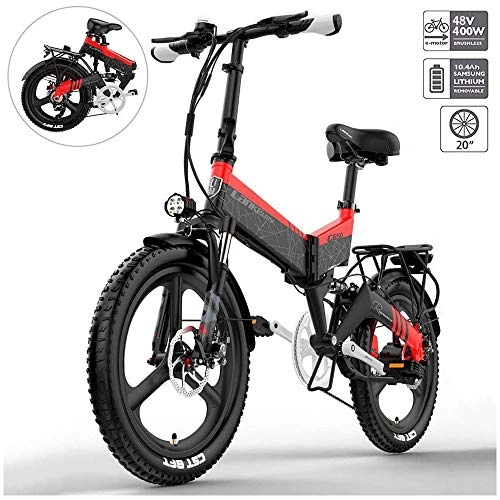 Electric Bike : YSHUAI 20 Inch Folding E-Bike Electric Bicycles Electric Bike Mountain Bike 400W Fat Tire for Men And Women with 48V 10.4-12.8Ah Lithium Battery Up To 120 Km Range City Bike, Red, 10.4A
