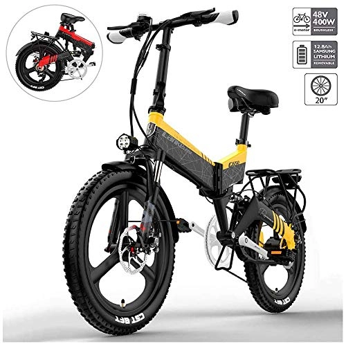 Electric Bike : YSHUAI 20 Inch Folding E-Bike Electric Bicycles Electric Bike Mountain Bike 400W Fat Tire for Men And Women with 48V 10.4-12.8Ah Lithium Battery Up To 120 Km Range City Bike, Yellow, 10.4A