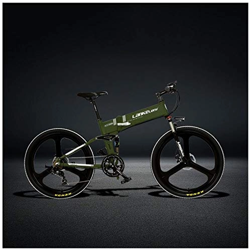 Electric Bike : YUNYIHUI Electric folding mountain bike, 48V10ah detachable lithium battery, 26-inch all-aluminum frame, high-strength lockable shock absorption and 21-speed Shimano, army green-48V10ah