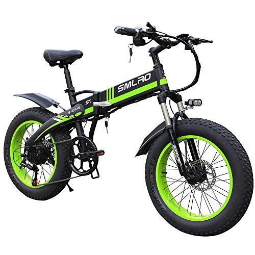 Electric Bike : YYAO 20" Electric Fat Tire Bike, 350W Adult Electric Mountain Bike, with Removable 48V 8Ah Lithium-Ion Battery, Professional 7 Speed Gears, Black Green