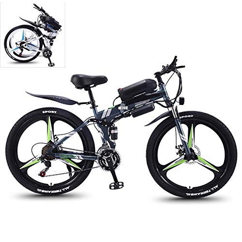 Electric Bike : YZT QUEEN Electric Bikes, 21-Speed High-Carbon Steel Foldable Electric Mountain Bike All Terrain, 26-Inch 36V 350W Removable Lithium Battery Mountain Bike, Gray, 36V13AH