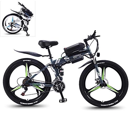 Electric Bike : YZT QUEEN Electric Bikes, 21-Speed High-Carbon Steel Foldable Electric Mountain Bike All Terrain, 26-Inch 36V 350W Removable Lithium Battery Mountain Bike, Gray, 36V8AH