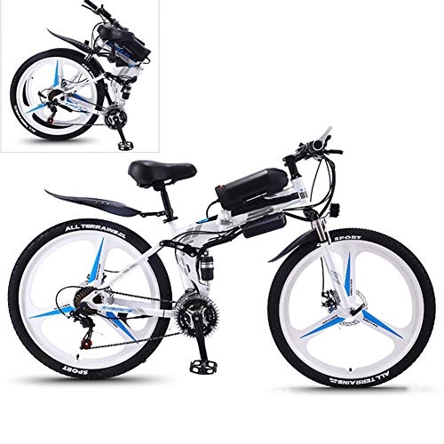 Electric Bike : YZT QUEEN Electric Bikes, 21-Speed High-Carbon Steel Foldable Electric Mountain Bike All Terrain, 26-Inch 36V 350W Removable Lithium Battery Mountain Bike, White, 36V10AH