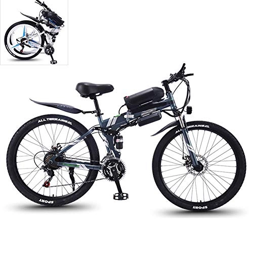 Electric Bike : YZT QUEEN Electric Bikes, High-Carbon Steel Foldable Electric Mountain Bike All-Terrain Off-Road Vehicle 27-Speed, 26-Inch 36V 350W Mobile Lithium-Ion Battery Mountain Bike, Gray, 36V10AH