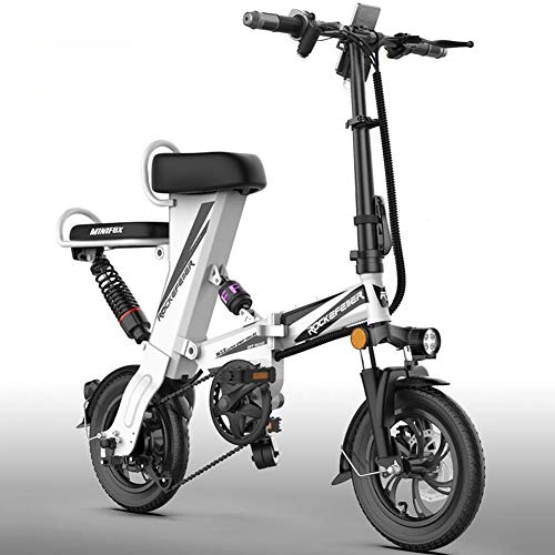 Electric Bike : ZBB Electric Bicycle 12 Inch Wheels Lightweight Folding Portable Aluminum Alloy Electric Bike for Adult 48V Lithium-Ion Battery Powerful Brushless Motor Dual Disk Brakes, White, 75to110KM