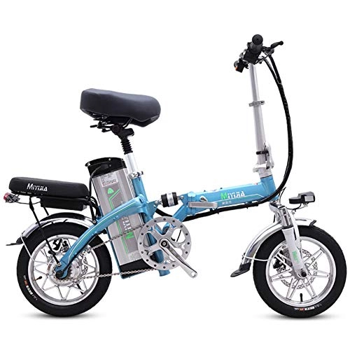 Electric Bike : ZBB Electric Bicycle 14 Inch Wheels Aluminum Alloy Frame Portable Folding Electric Bike for Adult with Removable 48V Lithium-Ion Battery Powerful Brushless Motor Speed 20-30 KM / H, Blue, 40to60KM
