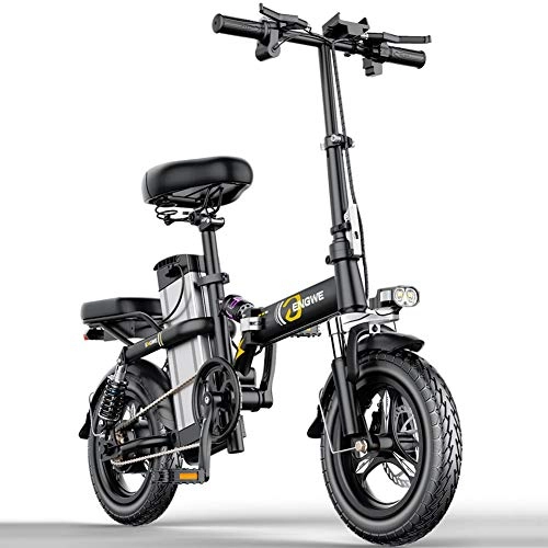 Electric Bike : ZBB Electric Bicycles 14 Inches Portable Folding High Speed Brushless Motor Three Riding Modes with Removable 48V Lithium-Ion Battery Front LED Light for Adult, Black, 35to45KM