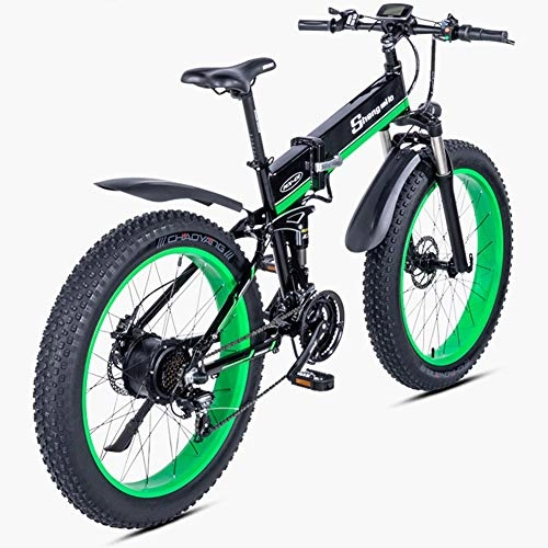 Electric Bike : ZBB Electric Bicycles Foldable Mountain Bikes 48V 1000W Adults Aluminum Alloy 7 Speeds Electric Bicycles Double Shock Absorber with 26 inch Tire Disc Brake and Full Suspension Fork, Green