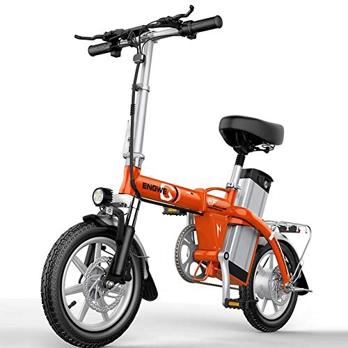 Electric Bike : ZBB Folding Electric Bike with 48V Removable Lithium-Ion Battery, 14 inch E-bike with 400W Brushless Motor Aluminum Alloy Frame Maximum Speed 30 KM / h for Adult Women Men, Orange, 100to170KM