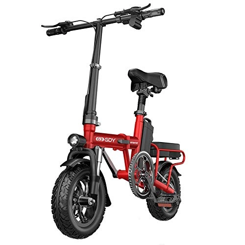 Electric Bike : ZBB Lightweight Aluminum Folding Bikes with Pedals Power Assist and 48V Removable Lithium Ion Battery Adult Electric Bicycles with 12 inch Wheels and 400W Hub Motor, Red, 30to60KM