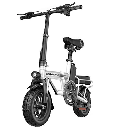 Electric Bike : ZBB Lightweight Aluminum Folding Bikes with Pedals Power Assist and 48V Removable Lithium Ion Battery Adult Electric Bicycles with 12 inch Wheels and 400W Hub Motor, White, 40to80KM