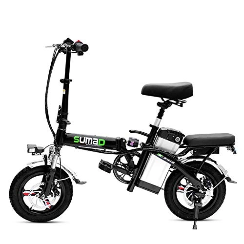 Electric Bike : ZBB Lightweight Folding Portable Aluminum Alloy EBike with Pedals Power Assist Detachable 48V Lithium Ion Battery Electric Bike with 14 inch Wheels Dual Disk Brakes 400W Hub Motor, Black, 80to160KM