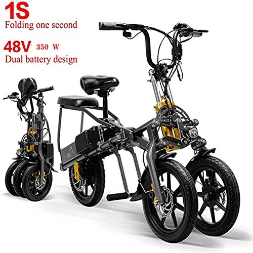 Electric Bike : ZFY Folding Electric Bicycle Electric 2 Batteries 48V 350W Foldable Mini Tricycle 14 Inches 1 Second High-End Electric Tricycle, Black-14inch