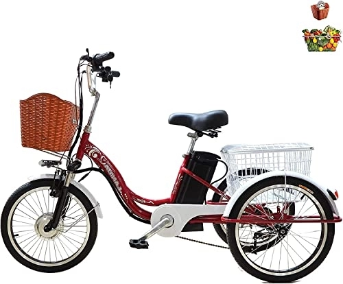 Electric Bike : ZHANGXIAOYU Tricycle adult electric power assisted 3-wheel bicycle 20'' with shopping basket three-wheeled bikes ladies lithium battery 48V12AH Maximum load 330 lbs(red 48V12AH)