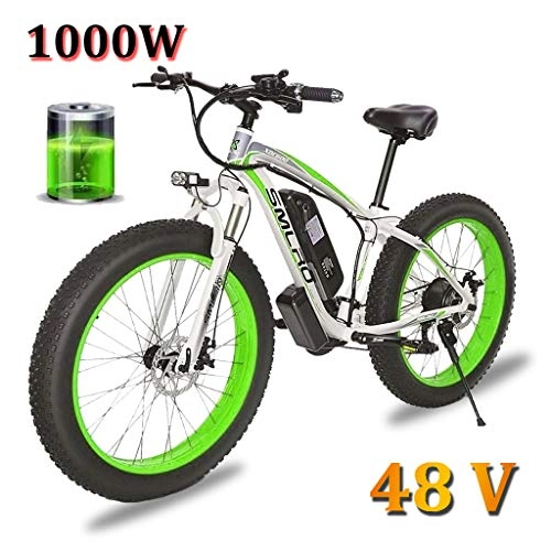 Electric Bike : ZJGZDCP 1000W 26inch Electric Mountain Bike Fat Tire E-Bike 7 Speeds Beach Cruiser Sports Mountain Bikes Full Suspension Lithium Battery Hydraulic Disc Brakes (Color : White-Green, Size : 1000w-15Ah)