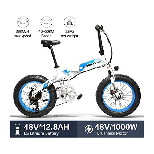 Electric Bike : ZJGZDCP 20-inch Fat Bike Folding E-bike 7 Speed Snow Bike 48V 12.8Ah 1000W Engine Aluminum Alloy Frame 5 PAS Mountain Bike (Color : Blue)