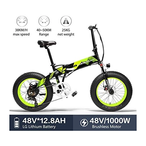 Electric Bike : ZJGZDCP 20-inch Fat Bike Folding E-bike 7 Speed Snow Bike 48V 12.8Ah 1000W Engine Aluminum Alloy Frame 5 PAS Mountain Bike (Color : Green)