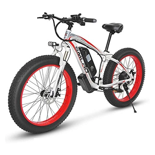 Electric Bike : ZJGZDCP 21 Speed 1000W Electric Bicycle 26 * 4.0 Fat Bike 5 PAS Hydraulic Disc Brake 48V 17.5Ah Removable Lithium Battery Charging (Color : White-red, Size : 1000w-15Ah)
