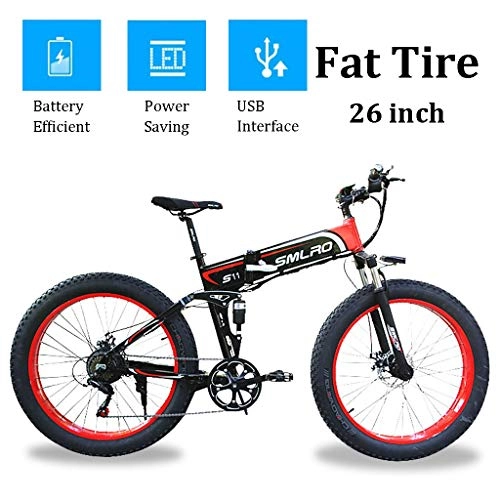 Electric Bike : ZJGZDCP 26 * 4.0 Fat Tire Electric Bike 48V 14Ah Folding Snow E-bikes 48V 350W Detachable Li-ion Battery for Adult Men Woman City Commute Bicycle with USB Interface (Color : RED, Size : 48V-10Ah)