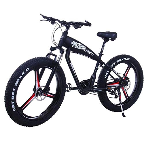 Electric Bike : ZJGZDCP 26 Inch 21 / 24 / 27 Speed Electric Mountain Bikes With 4.0" Fat Snow Bicycles Dual Disc Brakes Brakes Beach Cruiser Mens Sports E-bikes (Color : 15Ah, Size : Black-A)