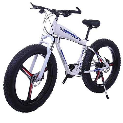 Electric Bike : ZJGZDCP 26 Inch 21 / 24 / 27 Speed Electric Mountain Bikes With 4.0" Fat Snow Bicycles Dual Disc Brakes Brakes Beach Cruiser Mens Sports E-bikes (Color : 15Ah, Size : White)
