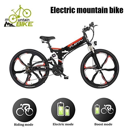 Electric Bike : ZJGZDCP Beach Snow Electric Mountain Bike Removable 48V / 12Ah Battery Integrated With Frame 7-Speed Front Suspension Tektro Dual Disc Brakesfor Sport Cycling (Color : Black)
