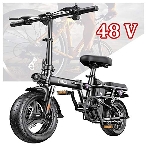 Electric Bike : ZJGZDCP Folding Electric Bicycle Ultra Light Aluminum Alloy Electric Bike Adult 14 Inch 25km / h 48V E-bike With Pedals Power Assist Adjustable Seat Height (Color : Black, Size : Endurance 300km)