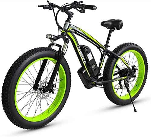 Electric Bike : ZJZ 26 Inch Adult Fat Tire Electric Mountain Bike, 350W Aluminum Alloy Off-Road Snow Bikes, 36 / 48V 10 / 15AH Lithium Battery, 27-Speed (Color : Green, Size : 36V10AH)