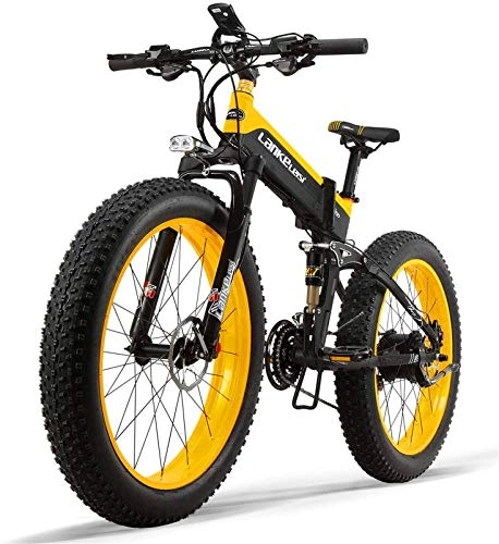 Electric Bike : ZJZ 48V 500w Electric Mountain Bicycle 26 Inch Fat Tire E-Bike（Top Speed 40 Km / h） Cruiser Men Sports Bike Full Suspension Lithium Battery，yellow